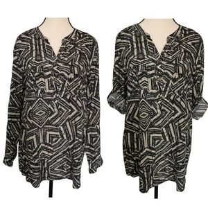 Calvin Klein Split Neck 1/2 Button Front Long Tab & Button Sleeve Blouse - Sz L
